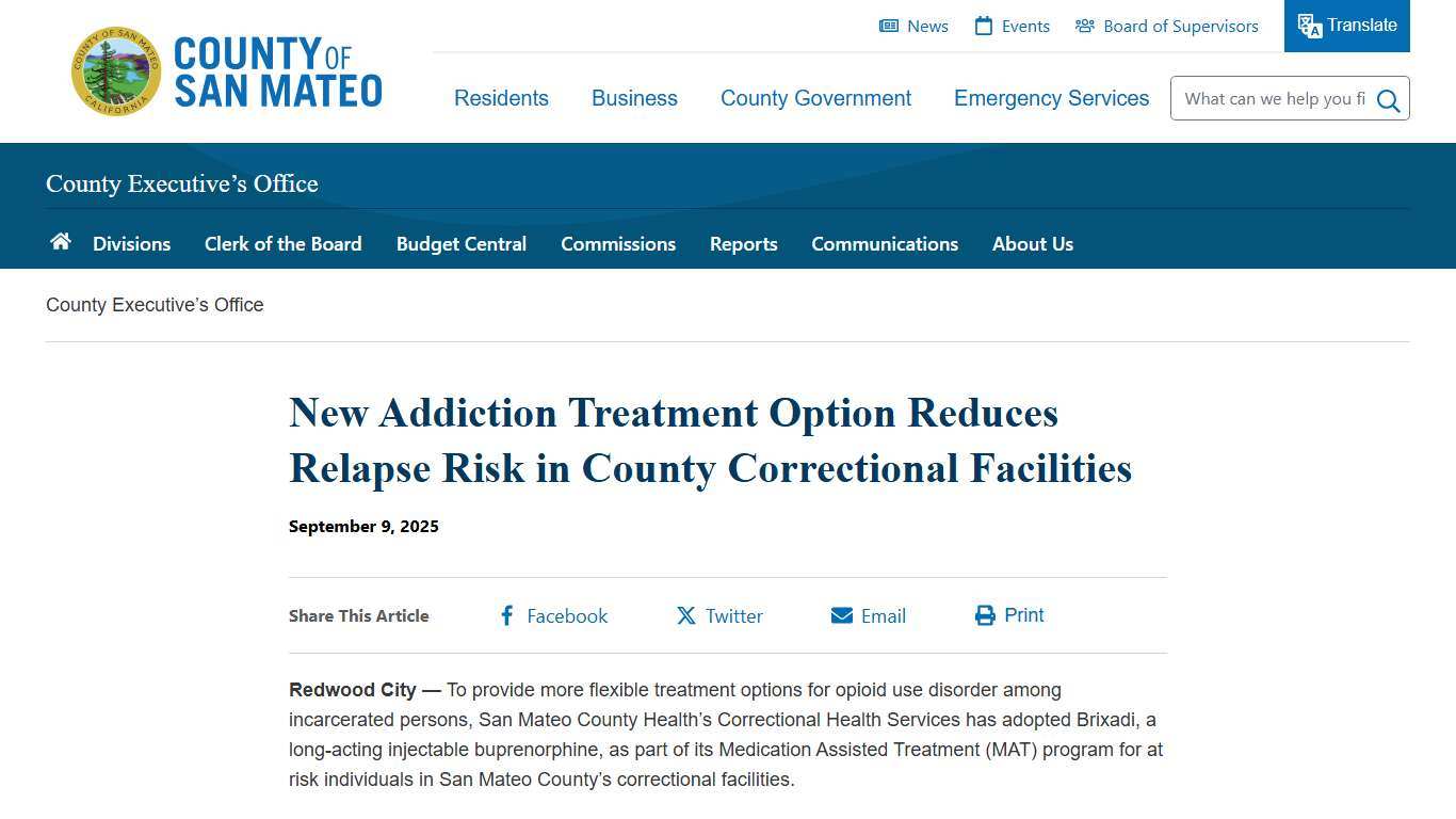 New Addiction Treatment Option Reduces Relapse Risk in County Correctional Facilities County of San Mateo, CA