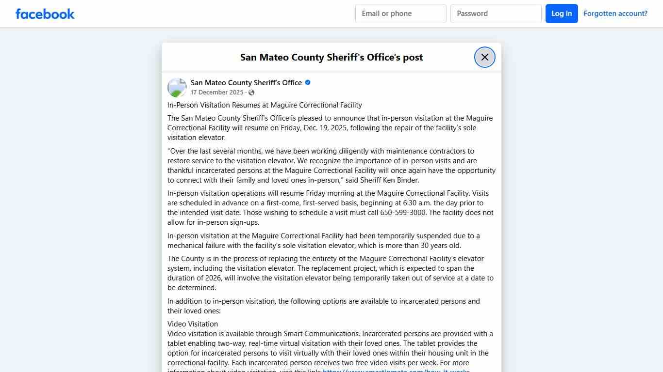 In-Person Visitation... - San Mateo County Sheriff's Office Facebook
